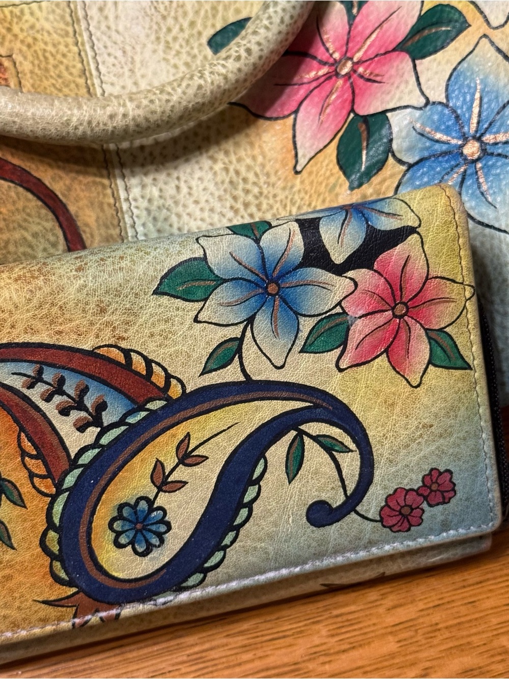 Anuschka Hand-Painted Floral Leather Wallet in Blue, Pink, Green